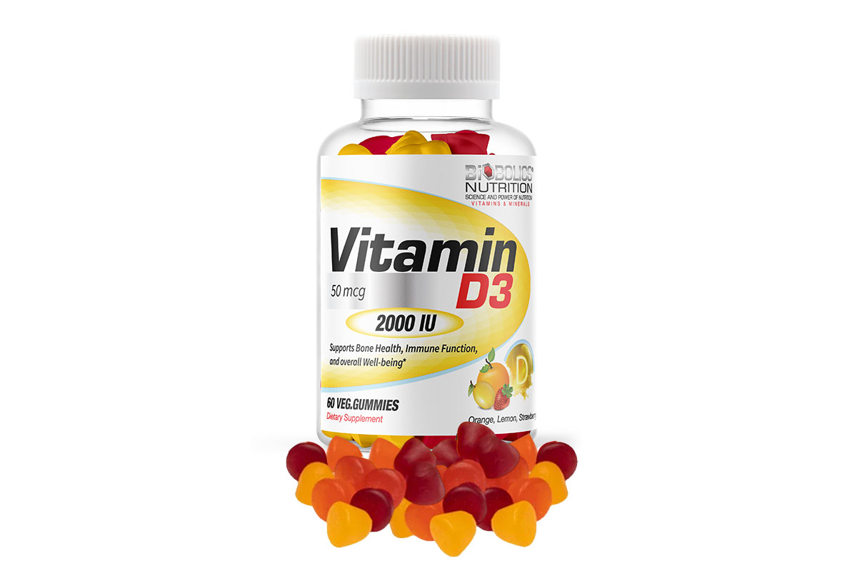 Biobolics vitamin d3 50mcg 2000 iu orange lemon and strawberry flavour 60 veg gummies